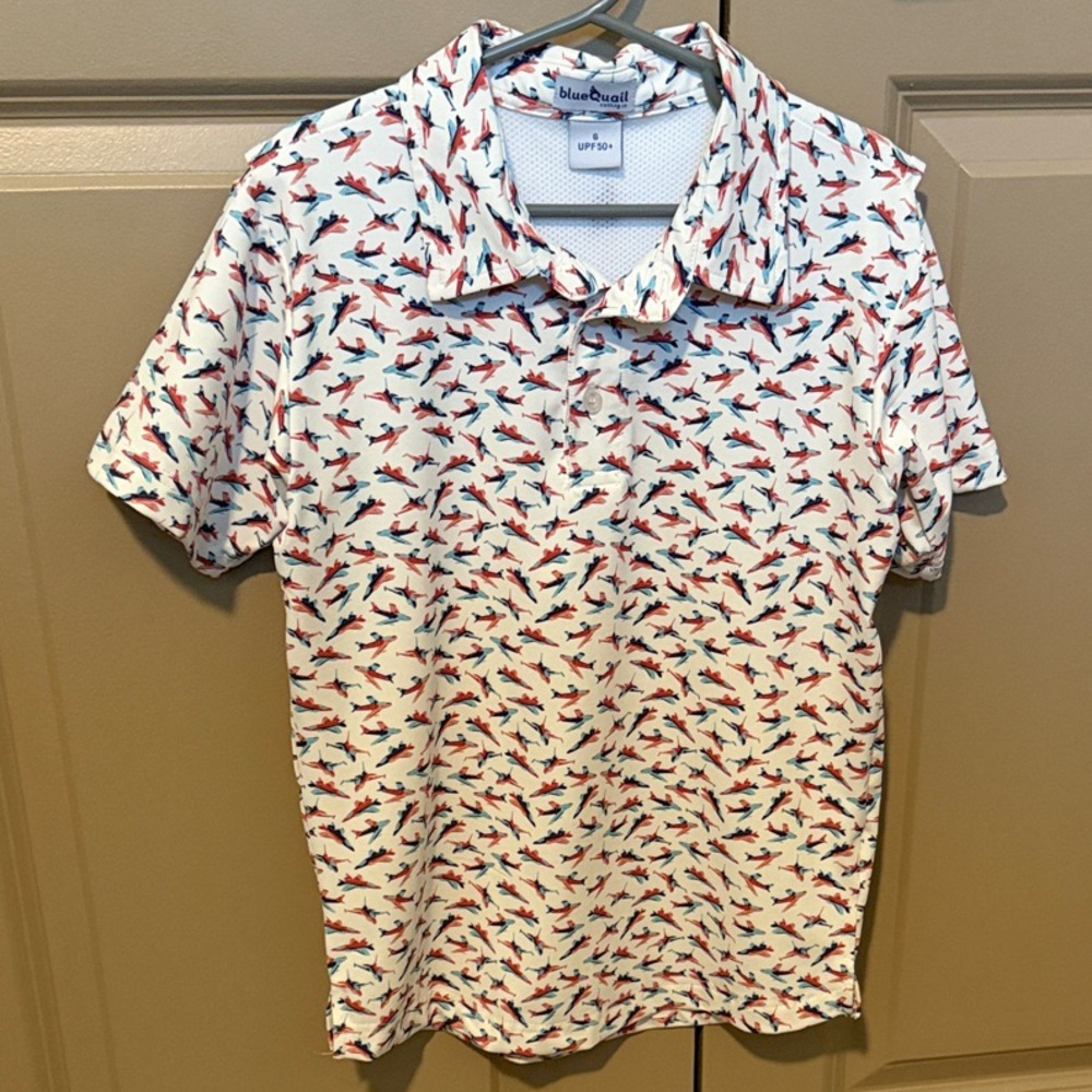 Blue Quail Kids' White Polo with Red & Navy Jet Print